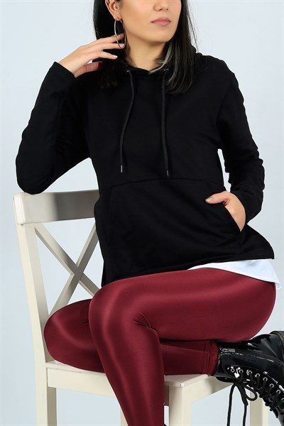 Likralı Garnili Siyah Bayan Sweat 24608B