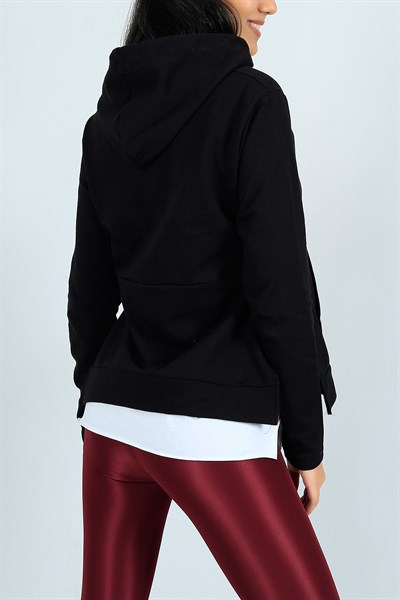 Likralı Garnili Siyah Bayan Sweat 24608B