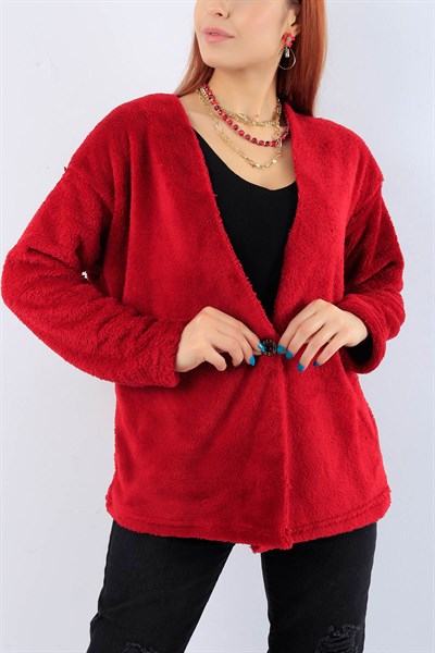 Likralı Kırmızı Bayan Peluş Ceket 19457B