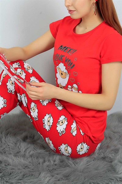 Likralı Kırmızı Bayan Pijama Takımı 24314B