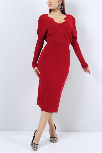 Likralı Kırmızı Bayan Triko Elbise 21038B