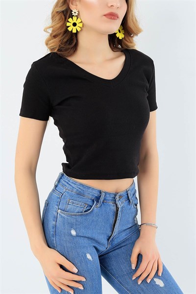 Likralı Siyah Crop Tişört 30716