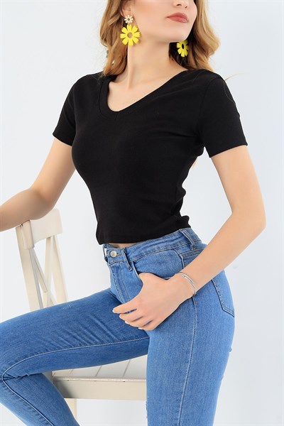 Likralı Siyah Crop Tişört 30716