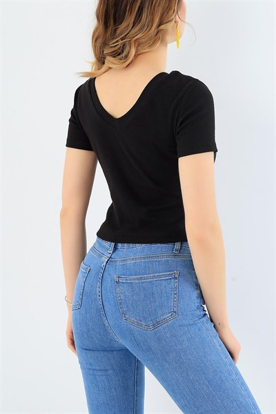 Likralı Siyah Crop Tişört 30716
