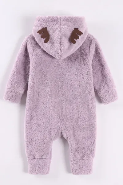 Lila (0-12 Ay) Geyik Nakışlı Kapüşonlu Peluş Kız Bebek Tulum 494422