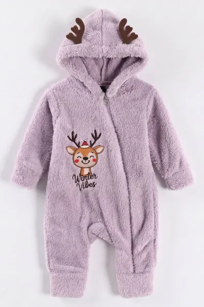 Lila (0-12 Ay) Geyik Nakışlı Kapüşonlu Peluş Kız Bebek Tulum 494422