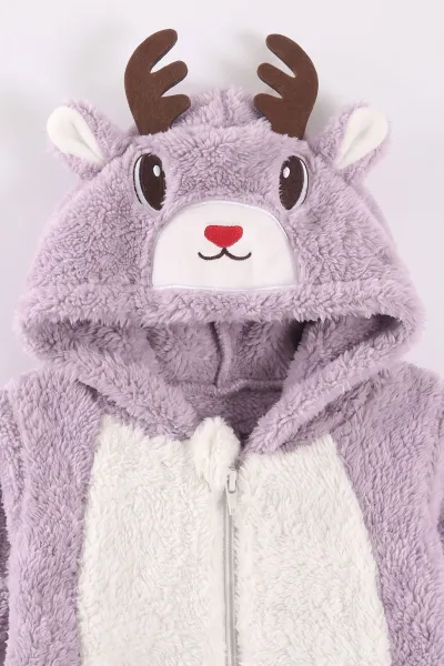 Lila (0-12 Ay) Kapüşonu Geyik Nakışlı  Peluş Kız Bebek Tulum 495378