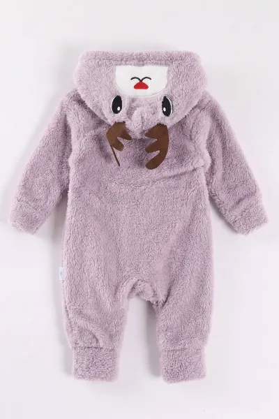 Lila (0-12 Ay) Kapüşonu Geyik Nakışlı  Peluş Kız Bebek Tulum 495378