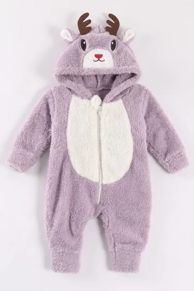 Lila (0-12 Ay) Kapüşonu Geyik Nakışlı  Peluş Kız Bebek Tulum 495378
