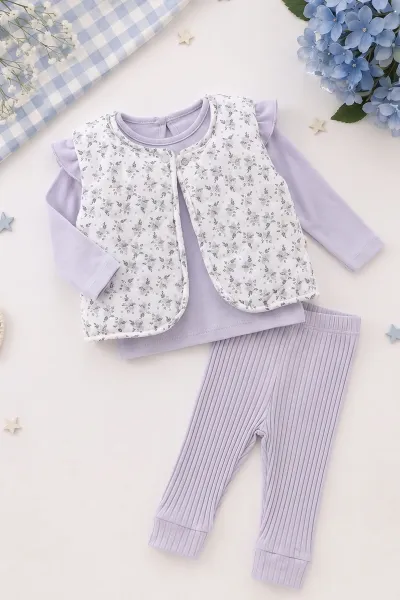 Lila (0-12 Ay) Yeleği Çiçek Baskılı Kız Bebek 3'lü Takım 473235