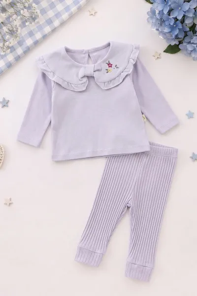 Lila (0-12 Ay) Yeleği Çiçek Baskılı Kız Bebek 3'lü Takım 473235