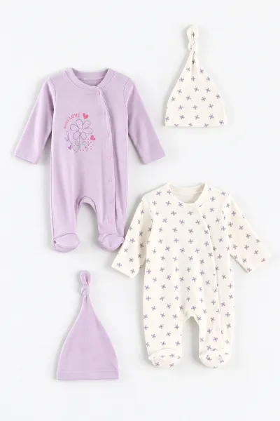 Lila (0-3 Ay) Always Love Baskılı Penye ve Şapkalı 2'li Kız Bebek Tulum 492592