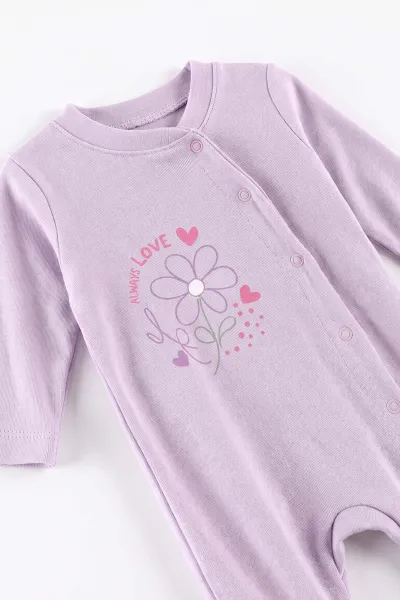 Lila (0-3 Ay) Always Love Baskılı Penye ve Şapkalı 2'li Kız Bebek Tulum 492592