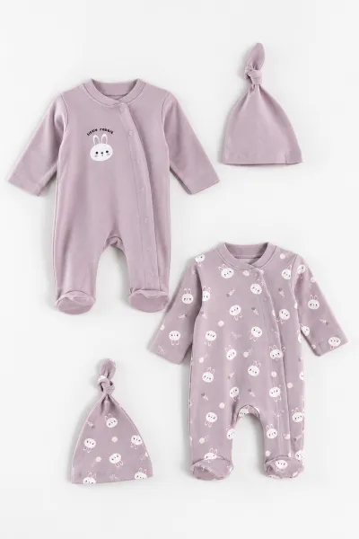 Lila (0-3 Ay) Anımals Baskılı Raporlu ve Şapkalı 2'li Kız Bebek Tulum 492625