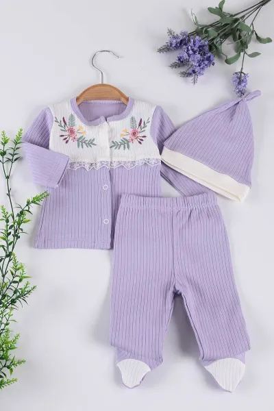 Lila (0-3 Ay) Çiçek Nakışlı Dantel Detay Kız Bebe Takım 237235