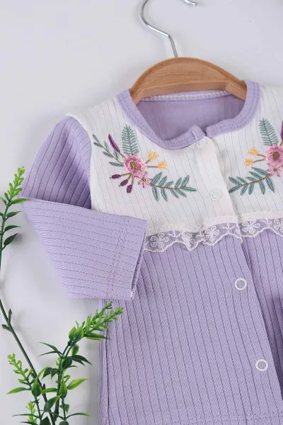 Lila (0-3 Ay) Çiçek Nakışlı Dantel Detay Kız Bebe Takım 237235