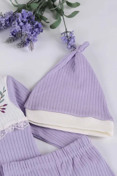 Lila (0-3 Ay) Çiçek Nakışlı Dantel Detay Kız Bebe Takım 237235