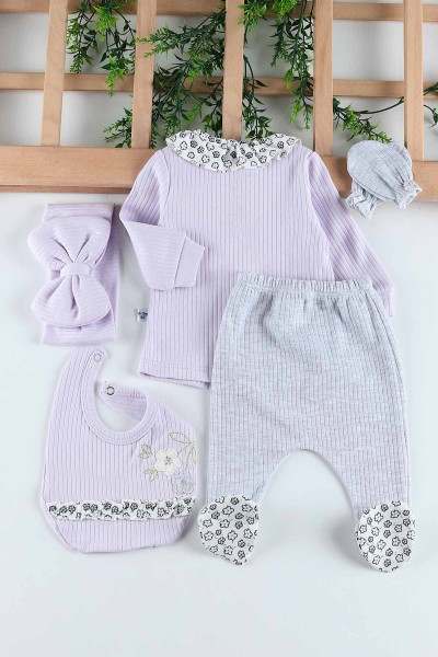 Lila (0-3 Ay) Çiçek Nakışlı Yaka Detaylı 5'li Kız Bebe takım 201254