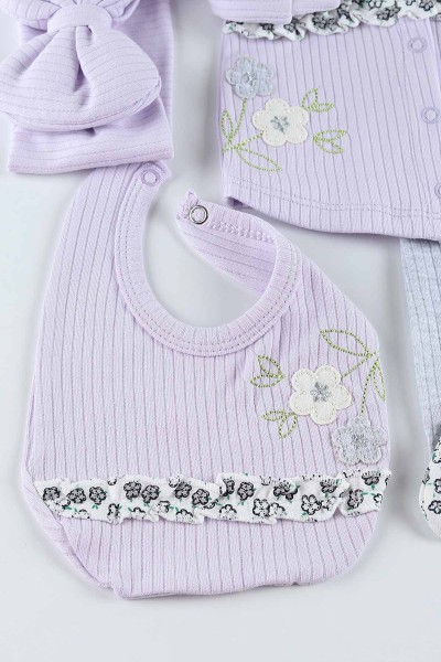 Lila (0-3 Ay) Çiçek Nakışlı Yaka Detaylı 5'li Kız Bebe takım 201254