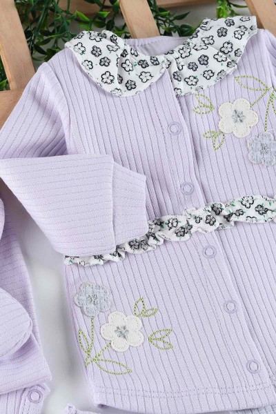 Lila (0-3 Ay) Çiçek Nakışlı Yaka Detaylı 5'li Kız Bebe takım 201254