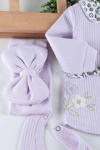 Lila (0-3 Ay) Çiçek Nakışlı Yaka Detaylı 5'li Kız Bebe takım 201254
