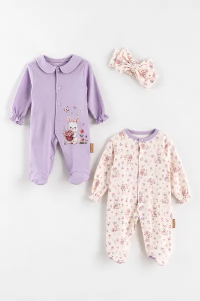 Lila (0-3 Ay) Kelebekli Tavşan Baskılı Patikli Bandanalı Penye 2'li Kız Bebek Tulum 500354