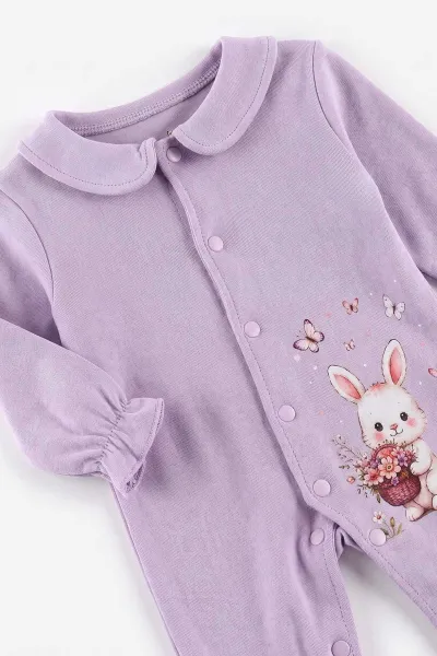 Lila (0-3 Ay) Kelebekli Tavşan Baskılı Patikli Bandanalı Penye 2'li Kız Bebek Tulum 500354