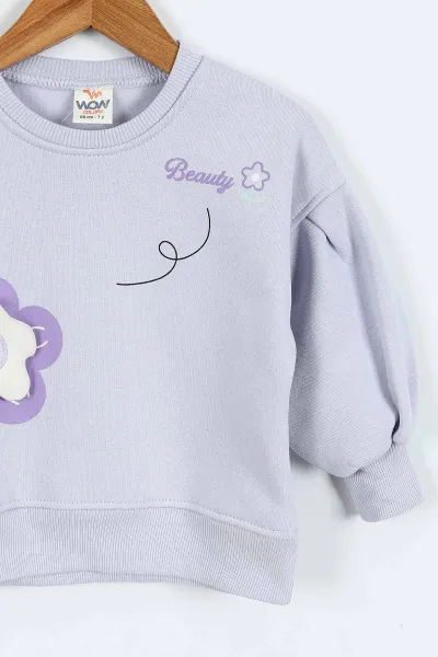 Lila (0-4 Yaş)Çiçek Nakışlı Baskılı  3 İp Şardonlu Kız Çocuk Sweatshirt 417581