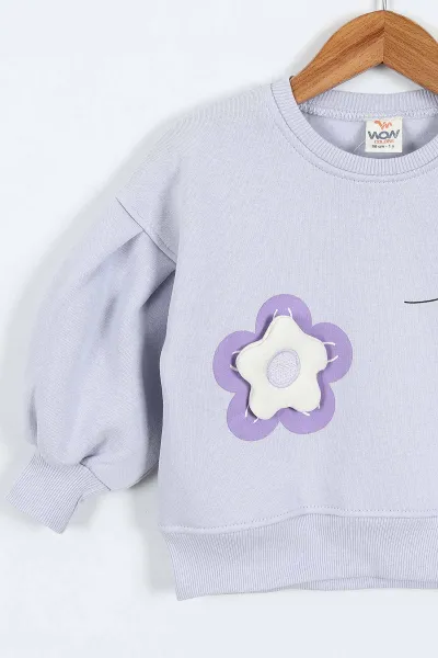 Lila (0-4 Yaş)Çiçek Nakışlı Baskılı  3 İp Şardonlu Kız Çocuk Sweatshirt 417581