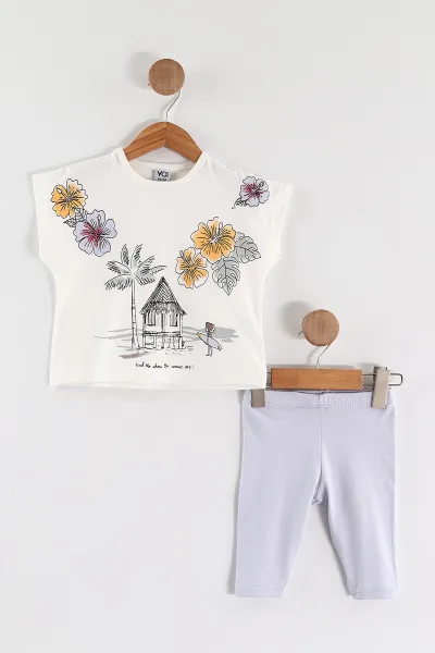 Lila (0-4 Yaş)Palmiye Baskılı Taytlı Kız Çocuk Yazlık Takım 459819