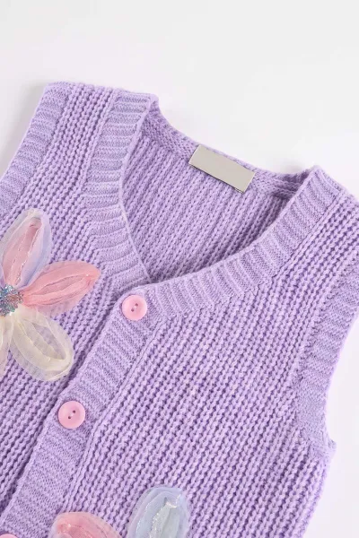 Lila (0-5 Yaş) Pullu Çiçek Motifli Düğmeli Kız Çocuk Yelek 474424