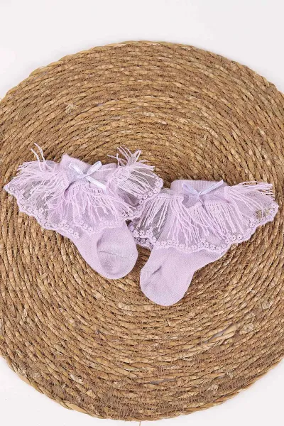 Lila (0-6 Ay) Saçaklı ve Tüllü Kız Bebek Çorap 467418
