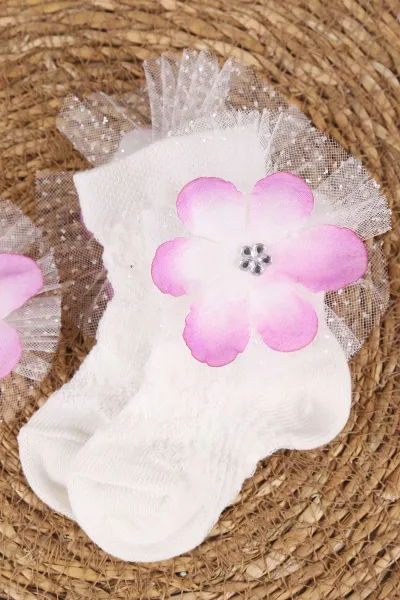 Lila (0-6 Ay)Çiçek Üzeri Taşlı Tüllü Kız Bebek Çorap 467387