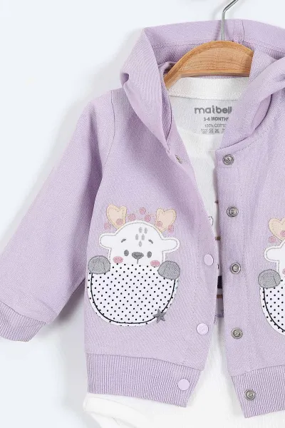 Lila (1-12 Ay)  Ceylan Nakışlı  Kapüşonlu Hırkalı Zıbınlı Kız Bebek 3'lü Takım 384005