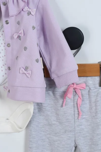 Lila (1-12 Ay) Kalp Baskılı Fırfırlı Hırkalı  Kız Bebek  Takım 340772