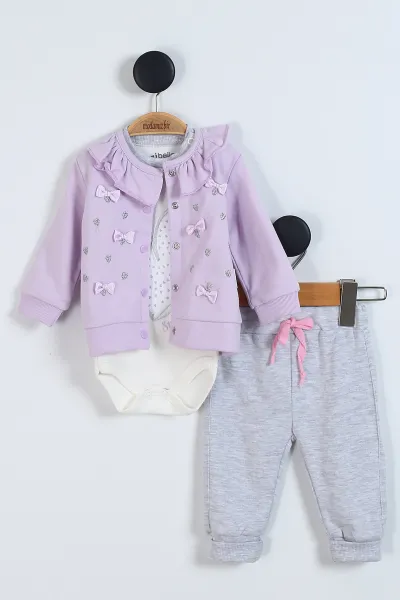Lila (1-12 Ay) Kalp Baskılı Fırfırlı Hırkalı  Kız Bebek  Takım 340772