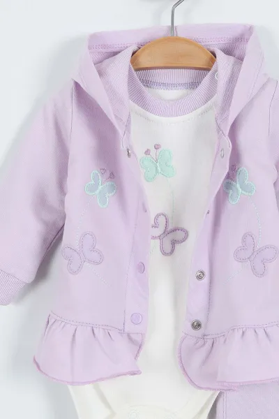 Lila (1-12 Ay) Kelebek Nakışlı Etek Fırfırlı ı Kız Bebek 3'lü Takım 340675