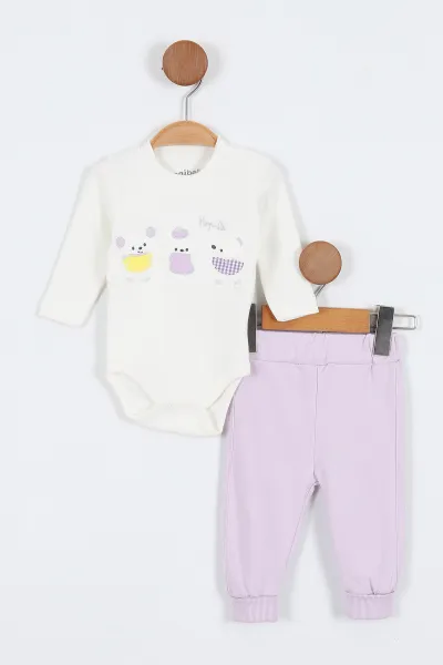 Lila (1-12 Ay)3 Tavşan Nakışlı Çıtçıt Hırkalı Kız Bebek 3'lü Takım 340671