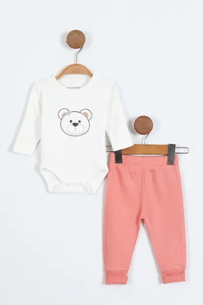 Lila (1-12 Ay)Ayı Nakışlı  Kapüşonlu Hırkalı Zıbınlı Kız Bebek 3'lü Takım 383749