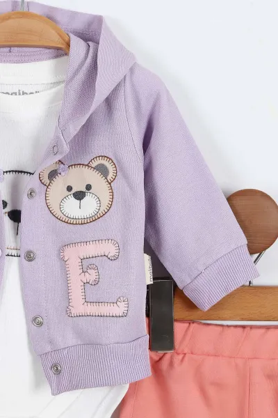 Lila (1-12 Ay)Ayı Nakışlı  Kapüşonlu Hırkalı Zıbınlı Kız Bebek 3'lü Takım 383749