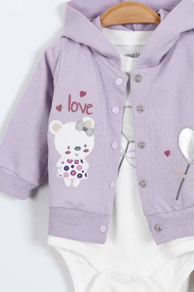 Lila (1-12 Ay)Kalpli Balon Nakışlı  Kapüşonlu Hırkalı Zıbınlı Kız Bebek 3'lü Takım 383745