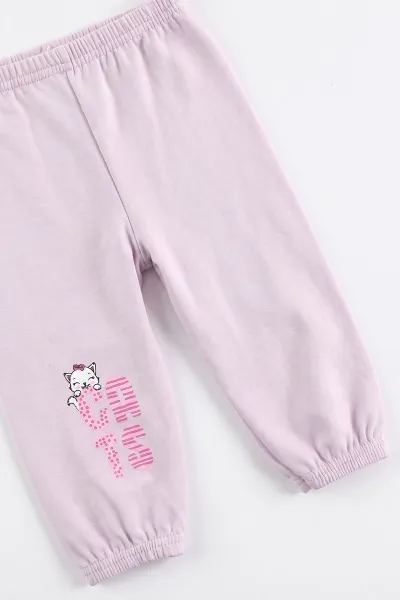Lila (1-2 Yaş) Kedi Baskılı Çıtçıtlı Hırka Kız Bebek 3'lü Takım 480028