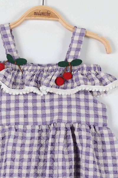 Lila (1-3 Yaş) Kiraz Motifli Kareli Askılı Kız Çocuk Elbise 181540