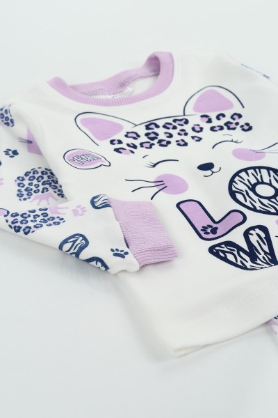Lila (1-3 Yaş) Love Leopar Kedi Kız Çocuk Pijama Takımı 128990