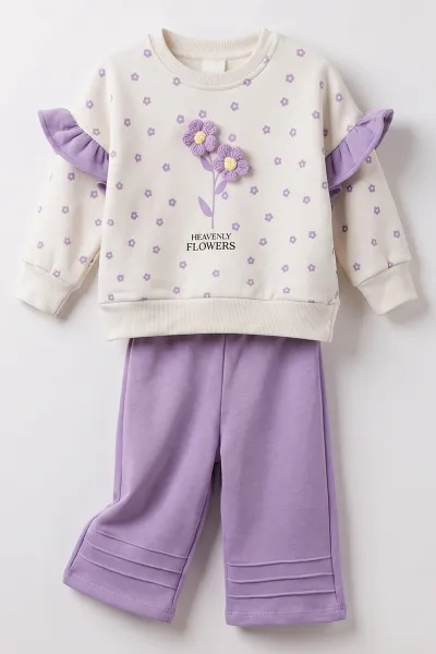 Lila (1-4 Yaş) Çiçek Baskılı 3 İp Şardonlu Kız Çocuk&Bebek Kışlık Takım 490144