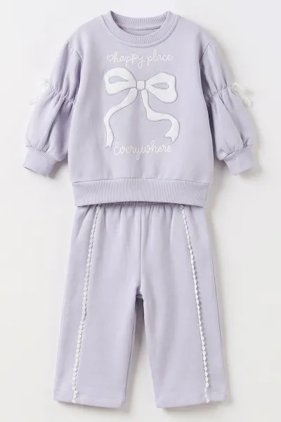 Lila (1-4 Yaş) Fiyonk Baskılı Büzgülü Kol 3 İp Şardonlu Kız Bebek&Çocuk Kışlık Takım 494948