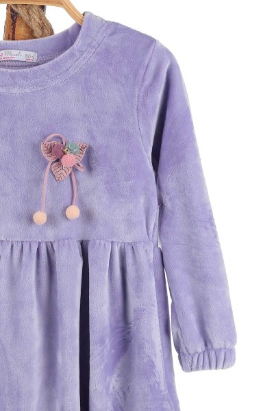 Lila (1-4 Yaş) Ponponlu Kadife Kız Çocuk Elbise 140598