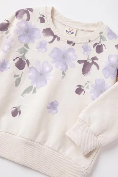 Lila (1-4 Yaş) Yaka Çiçek Baskılı  3 İp Şardonlu Kız Bebek&Çocuk  Kışlık Takım 497467