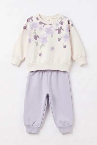 Lila (1-4 Yaş) Yaka Çiçek Baskılı  3 İp Şardonlu Kız Bebek&Çocuk  Kışlık Takım 497467