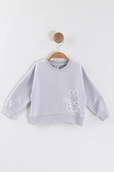Lila (1-4 Yaş)Tavşan Baskılı  Taşlı Kız Çocuk Sweatshirt 432954